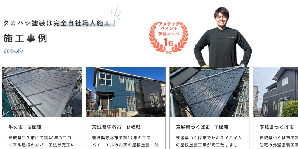 「タカハシ塗装は完全自社職人施工!」のキャッチコピーと「施工事例 Works」の見出し、その下にアステックペイント茨城コンペ1位バッジと職人スタッフの写真、さらに牛久市、守谷市、つくば市などの屋根・外壁リフォーム施工事例写真が並ぶギャラリー風レイアウト。