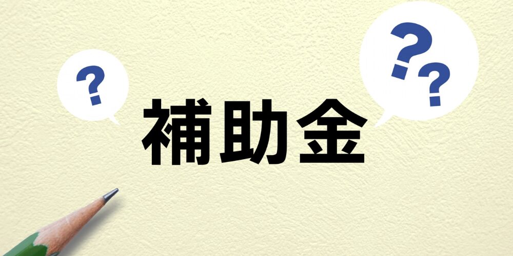 薄いベージュの背景に太い黒字で「補助金」と中央に大きく表示され、左右に青い疑問符の吹き出しがある画像