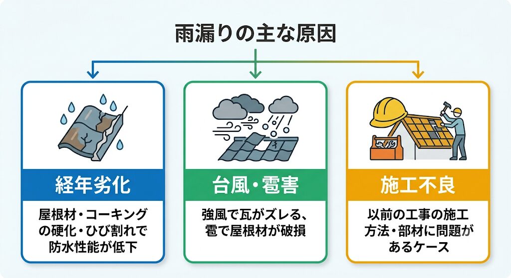 雨漏りの主な原因を「経年劣化」「台風・雹害」「施工不良」の3つに分類して説明する均等レイアウト図解