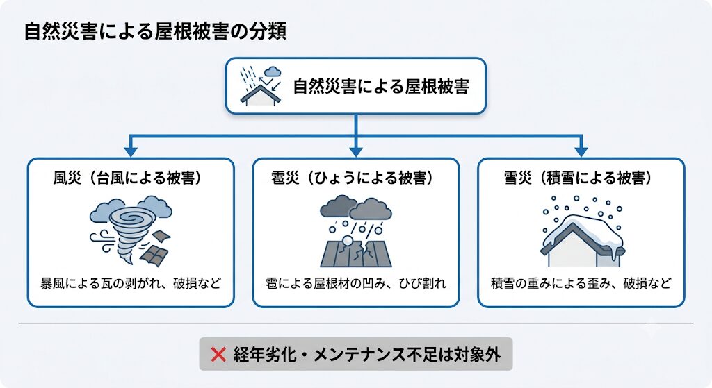 自然災害による屋根被害（風災・雹災・雪災）の分類図。下部に経年劣化・メンテナンス不足は対象外と注記