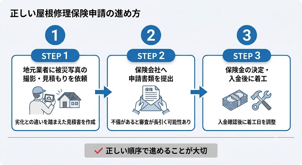 屋根修理保険申請の3ステップ（見積依頼・書類提出・着工）を示したフロー図。正しい順序で進める図解